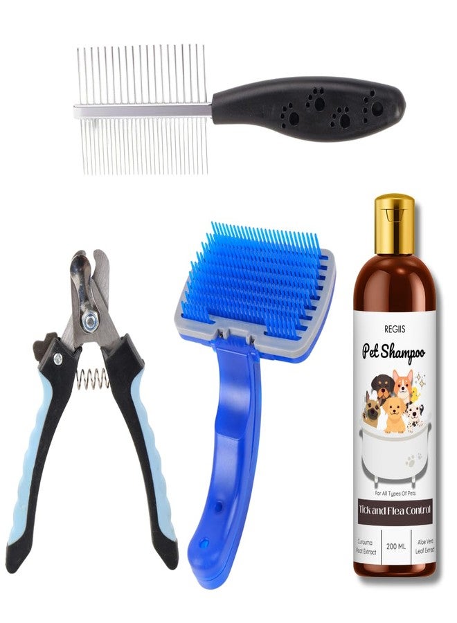 مجموعة العناية بالحيوانات الأليفة مع مقص أظافر، وفرشاة تنظيف ذاتي، ومشط معدني، وشامبو لمكافحة القراد، 200 مل (عبوة من 4 قطع) - Image 1